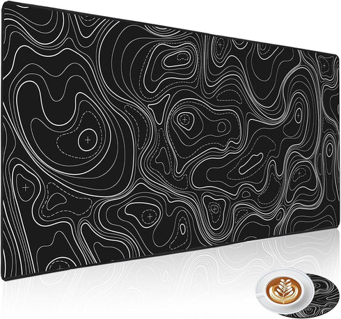 XXL Extended Topographic Gaming Mouse Pad 31.5x15.7inch, Large Black Computer Mouse Mat with Non-Slip Rubber Base