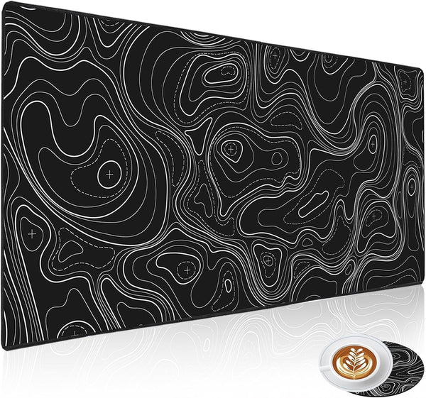 XXL Extended Topographic Gaming Mouse Pad 31.5x15.7inch, Large Black Computer Mouse Mat with Non-Slip Rubber Base
