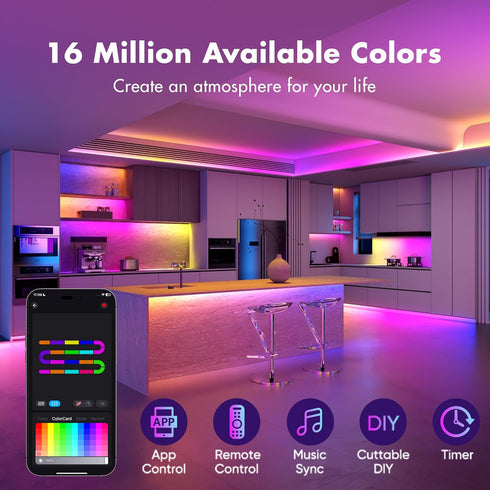 TFZBA 50FT, Smart IC RGB LED Strip Lights Segmented DIY Color Changing, Rainbow Chasing Effects, WiFi App/Voice