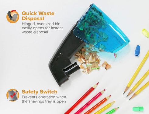 Bostitch Office Battery Pencil Sharpener, Hinged Tray, Colored Pencil Compatible, Blue (BPS2-BLUE) and Black (BPS2-BLK)