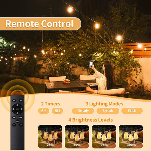 50ft 25 Bulbs Voltage(24V) Dimmable IP65 ST38 SANBEN Outdoor String Lights with Remote, Low Patio Lights, & Timer