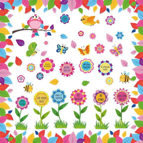 Spring Flower Butterfly Bulletin Board Decorations, Affirmation Cutouts and Borders Set for Classroom Decor
