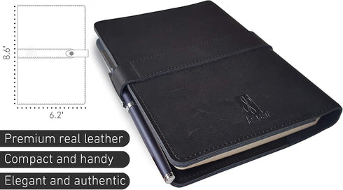 le vent Black Refillable Leather Journal - Genuine Leather Cover with 2 Lined and Blank Bound Notebooks A5 (8x5') -