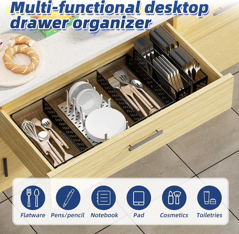 Simplie Desk Drawer Organizer Tray with 2 Pen Holders, Metal Mesh Dividers for Office, Makeup & Kitchen (Black)