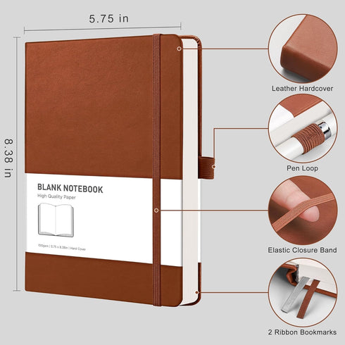 RETTACY Blank Journal Notebook 2-Pack - A5 Sketch Book with 192 Pages per Pack, for Sketching, Drawing, 68 LB/100 GSM Acid-free Paper, Leather Hardcover, Inner Pocket, 5.7'' × 8.3'' (Black & Brown) by RETTACY