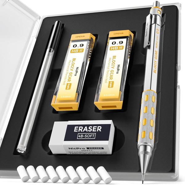 Nicpro Blocky Gear 0.9mm Mechanical Pencils Set in Case, Metal Pencil with HB Lead Refills, Eraser