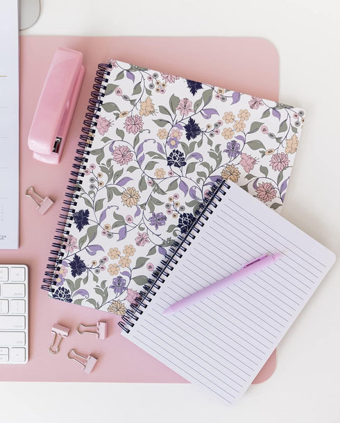Steel Mill & Co Cute Floral Mini Spiral Notebook, 8.25" x 6.25" Journal with Durable Hardcover, 160 Lined Pages, Purple
