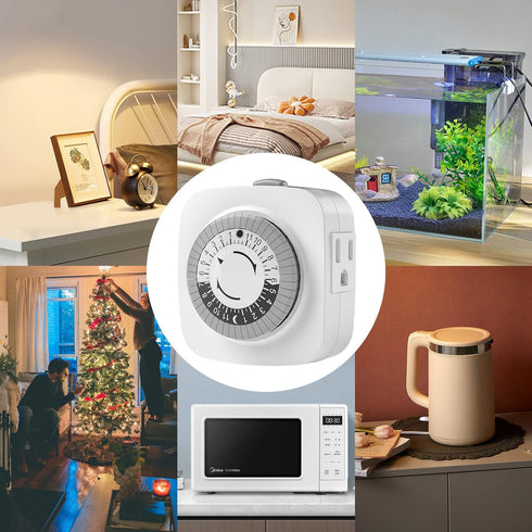 24 Hour Indoor Mechanical Timer - 2 Ground 3 Plug Socket Timer, 30 min Daily on/Off Cycle for Lamps, 2 Pack