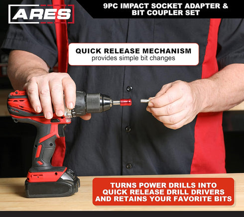 ARES 22034 9-Piece Impact Grade Socket Adapter and Bit Coupler Set, Turns Impact Drill into High Speed Socket Driver