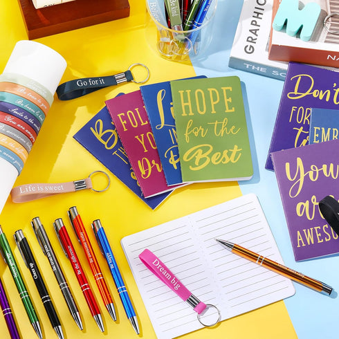 PerKoop 64 Pcs Inspirational Gifts, Motivational Notebooks, Ballpoint Pens, Positive Wristbands for Teachers