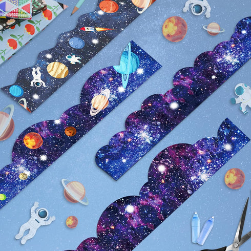 VABAMNA 120ft Outer Space Bulletin Board Borders - Galaxy Star Planet Astronaut Trim, 4 Patterns for Classroom Decor