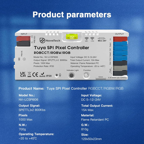 NaveiTech WS2811 WS2812B TM1934A SK6812 WS2805 UCS8904B Tuya SPI LED Strip Controller Mic WiFi UART Download APP