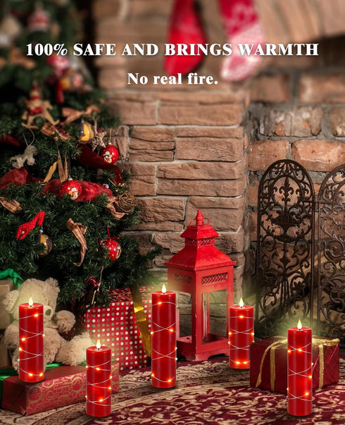Wax,5 Pack Da by Red Flameless Candles with String Lights, Battery Operated Candles with Remote Control