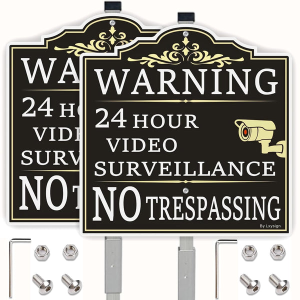(2Pack) Large Video Surveillance Sign, No Trespassing Warning Sign, With 36" Long