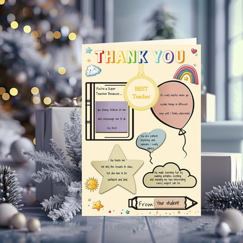 TzenvoGift 5-Pcs Teacher Thank You Cards Fill-in-the-Blank Appreciation Cards with Gold Foil Medal Fun & Colorful