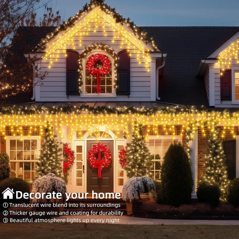 BYIZO 480 66+33 8 Christmas Outdoor Icicle Lights - LED FT Modes Curtain Fairy String Light Plug in, Waterproof