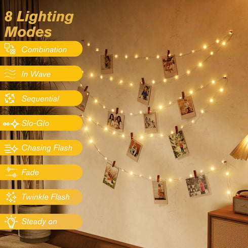 Wentwos 33FT 100 IP65 8 LED Rechargeable String Lights, USB Charging, Waterproof Outdoor Camping Lights, Modes Fairy