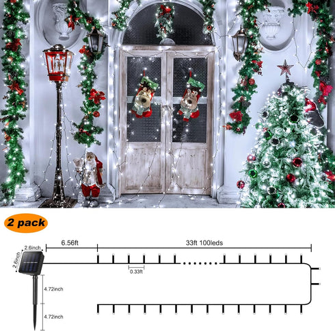 SFNDOU 2 Pack 33Ft 100 8 Solar String Lights for Outside,Each LED Solar String Lights Outdoor Waterproof