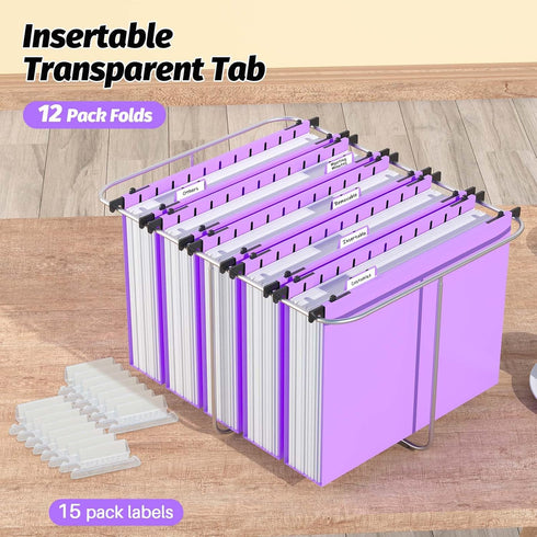 Extra Capacity Plastic Hanging File Folders, 12 Pack, Heavy Duty 2 Inch Expansion, Letter Size, Purple