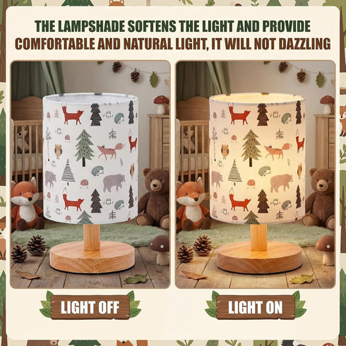 VIHOSE Woodland Animals Kids Table Lamp for Bedroom Kids Bedside Lamp with Linen Wooden Nightstand Cartoon Nursery