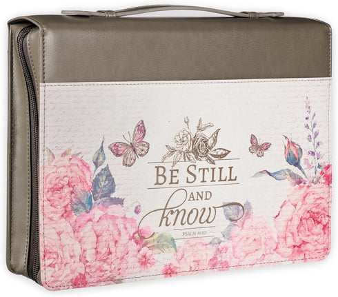 Christian Art Gifts Women's Fashion Bible Cover, Be Still and Know Psalm 46:10, Pink Rose Butterfly, Gray Faux Leather,