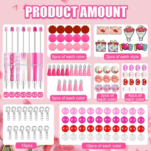 HEYUNG 15 Sets Valentine's Day Beadable Pens - Heart Silicone Beads Pens with 133PCS Pink Spacer Beads