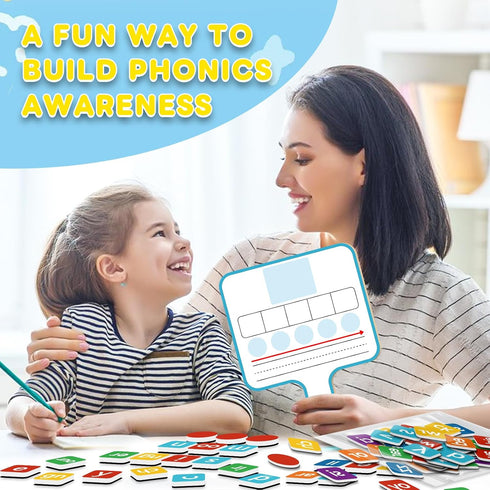 Laffunz Phonemic Awareness Elkonin Boxes Dry Erase Board, Magnetic Letter Tiles Spelling Reading Sound Games for Kids
