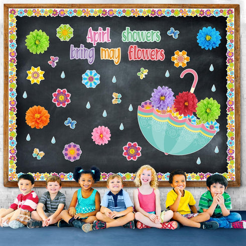 TaoBary 96 Pcs April Showers Bring May Flowers Bulletin Board Cutouts - 3D Tissue Paper Flower Spring Classroom