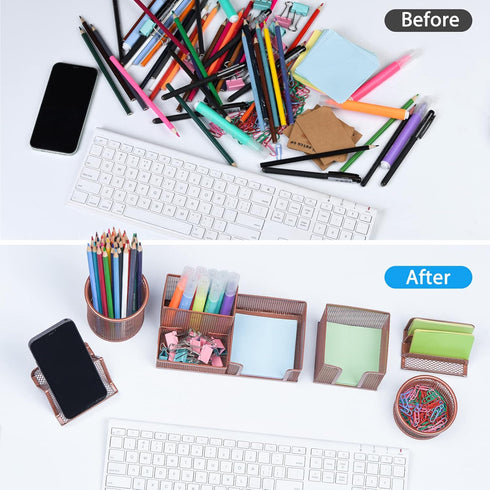 Pen Holder for Desk, 6 Pieces Mesh Organizer Set, 3 Compartments for Home Office Supplies Caddy Storage