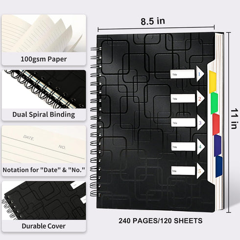CAGIE 2 Pack College Ruled Spiral Notebooks - 480 Pages, 5 Subject with Tabs, A4 Notebooks