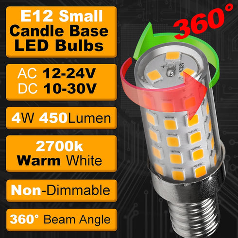 12V E12 LED Candelabra Bulb 40Watt Equivalent Warm White 2700K 4W 450Lm Low Voltage AC12-24V/DC10-30V for RV Camper Marine Boat Cabin Patio Landscape Lighting Solar Battery,Non-dimmable,4Pack by Hylroe