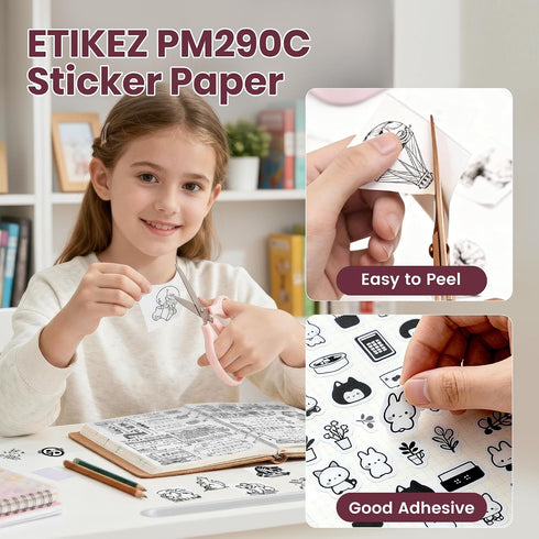 PM290C 54mmx3.2m 3 Genuine Self-Adhesive Thermal Printer Stickers, Compatible with Mini Sticker Printer, Black on