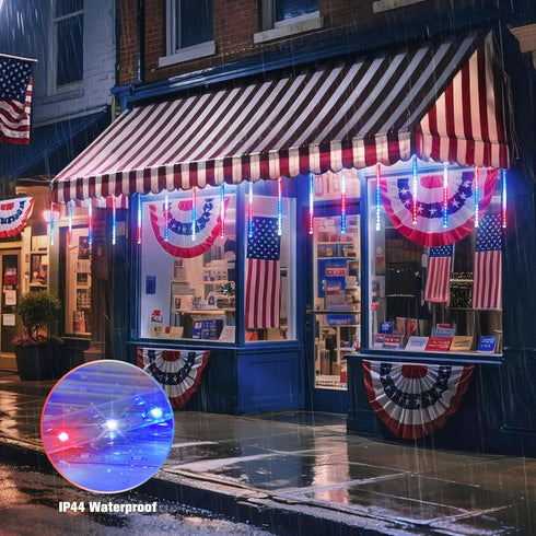 8 144 4th JMEXSUSS Red White and Blue Solar Lights, Tube LEDs Patriotic Solar Meteor Shower Lights Waterproof