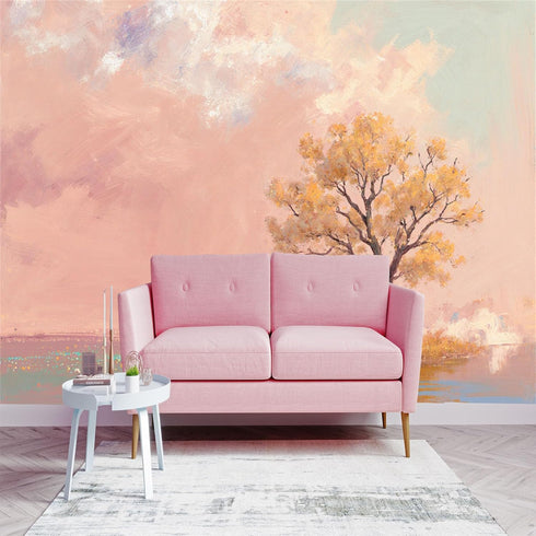 lnzCzhyre Custom Size Wall Sticker Mural Autumn Tree by the Water Soft Clouds and Sparkling Water for wall Decoration