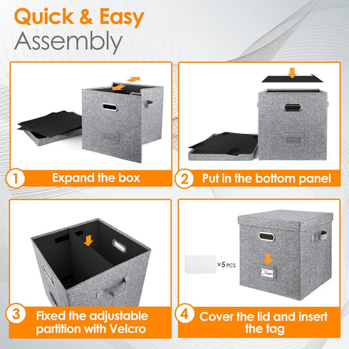Vinyl Record Storage Box Set of 2, for 100+ Single LPs, Stackable Linen Crate with Lid, Document Organizer