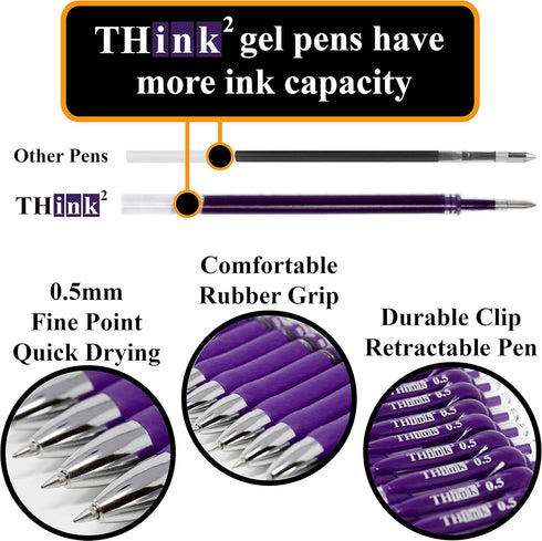 THINK2MASTER Retractable Gel Pens, 24 Pens - Purple Ink, Fine Point (0.5mm) Rollerball Pens with Comfort Grip