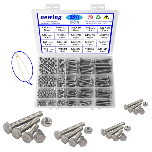 newlng M3 M4 M5 M6 Bolts and Nuts Assortment Kit, 320 PCS Metric 304 Stainless Steel Fasteners Set