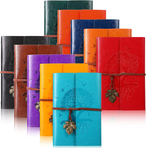Teling 10 Pieces PU Leather Journal, Vintage Tree Refillable Notebook, Rustic Bound Diary for Daily Writing, A6 5'' x