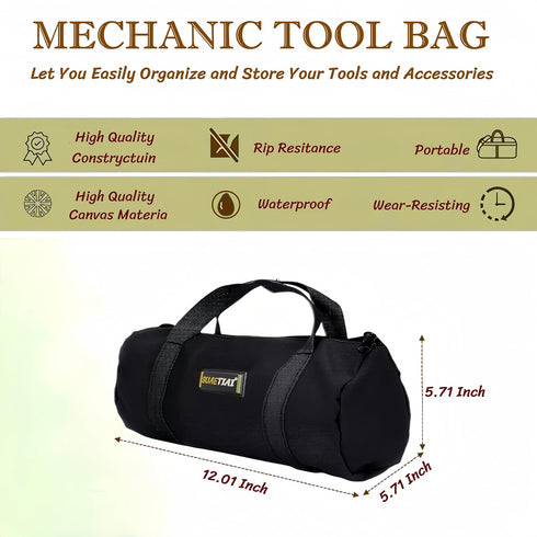 12 Inch Small Tool Bags for Men, Large Capacity Canvas Zipper Tool Tote Bag for Wrenches, Screwdrivers (Black)
