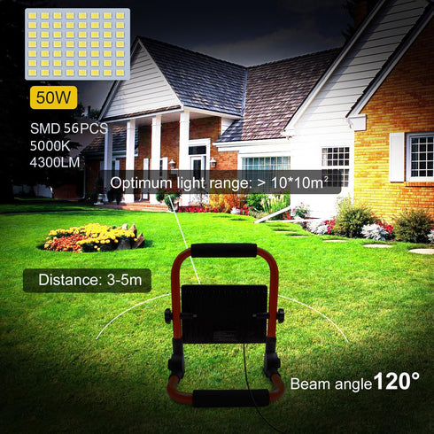 50W 4300LM 500W IP66 16.4FT 5000K LTE LED Work Light, Equivalent Portable Light Waterproof Outdoor Flood Lights Cable