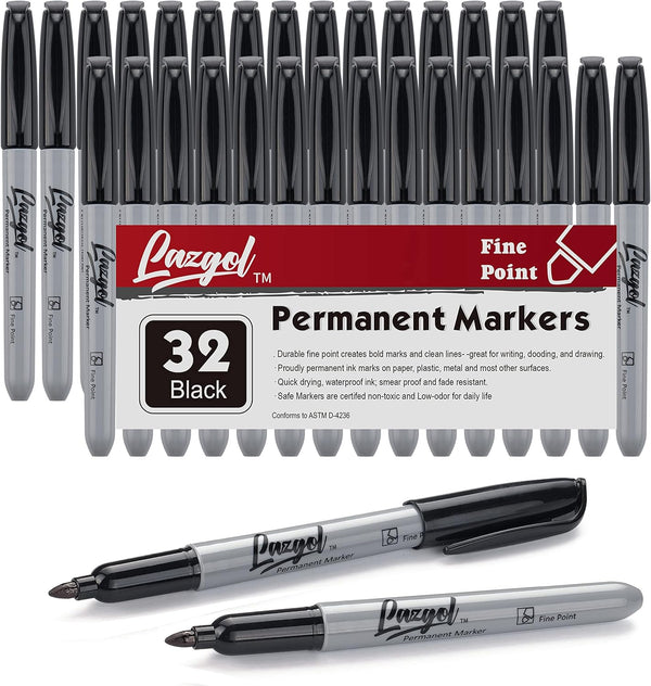 Permanent Markers Bulk, 32 Pack Black Fine Tip Waterproof Marker Set for School, Office, Home Supplies