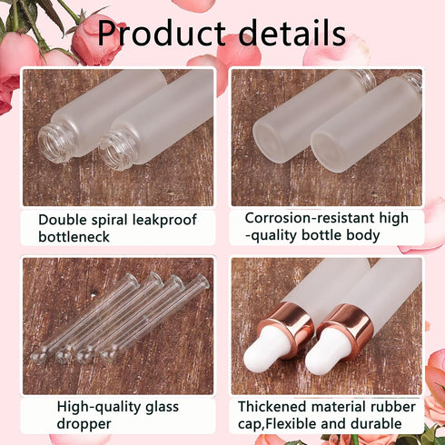 Kesell 50 Pack Dropper Bottles, 5ml Frosted Glass Sample Bottles for Essential Oils, with 3 Funnels, Rose Gold Cap