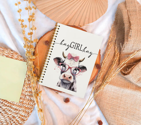 Preppy Cow Notebook Journal - Cow Gifts for Cow Lovers, Western Cow Office Supplies, Hay Girl Hay, College Ruled Hardcover Spiral Notebook 5.5 x 8.3 by OXW