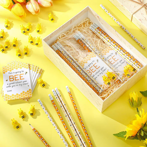 Back to School Gifts for Students, 60 Cute Bee Pencils, 3D Bee Erasers, 30 Welcome Greeting Cards