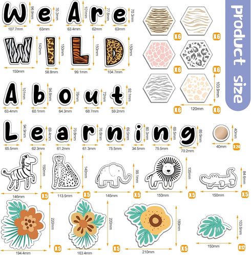Ctosree 134 Pcs Safari We are Wild about Learning Bulletin Board Set with Sweet Leaf Flower Wood Bead Animals Cutouts Boho Neutral Classroom Bulletin Board for Classroom Bulletin Board Decor by Ctosree