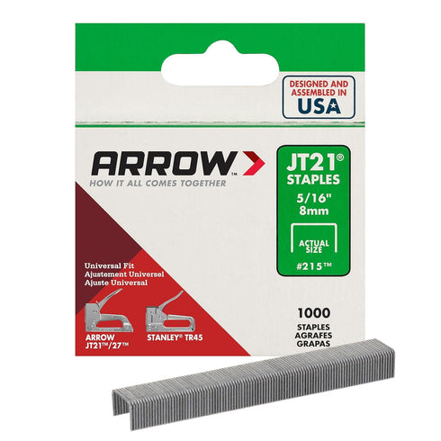 Arrow JT21 Thin Wire Staples for Staple Guns and Staplers, 5/16-Inch Leg Length, 7/16-Inch Crown Width, 1000-Pack, Made