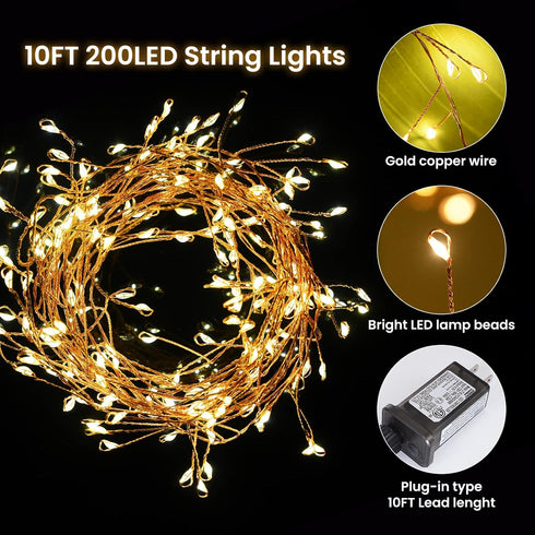 200 10Ft 8 Dailyart Fairy Lights Plug in, Led Twinkle String Light with Remote Modes Warm Cluster Lights with Timer