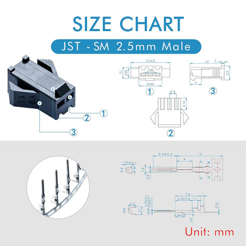 JST SM Connector 2.5 mm Pitch 2-Pin Male Plugs, Female Sockets, 50 Sets/300 Pieces T-Shaped Crimp Terminal Adapter.