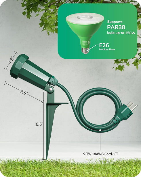 120V 6FT E26 150W PAR38 Bulb, 120 2 Pack EDISHINE Spotlights Outdoor, Cord, Weatherproof Plug in LED Flood Stake
