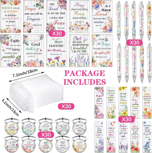 Jetec 150 Bible Verses Gift Set with 30 Christian Bookmarks, Pens, Notebooks, Keychains, and Bags
